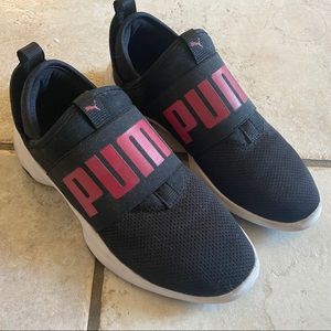 hot pink and black puma slip ons